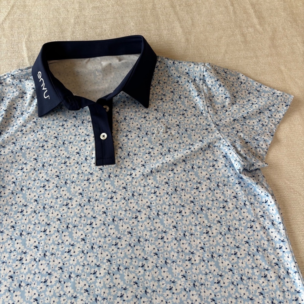 Rhoback Womens Floral Performance Polo Shirt Blue White Large